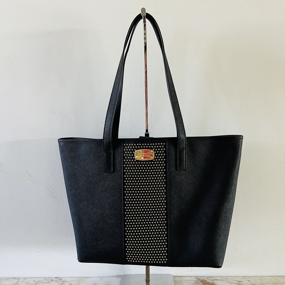 MICHAEL KORS Solid Black Leather Micro Stud Center Stripe Small Travel Tote Bag